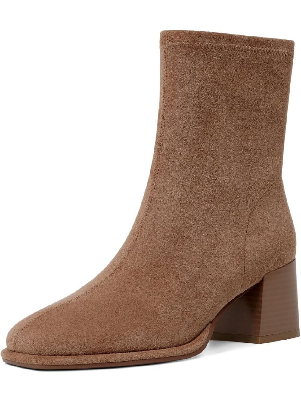 Women's Brown Faux Suede Chunky Block Heel With Side Zipper Stretch Short Boot